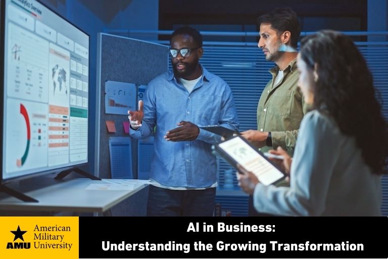 business professionals looking at AI projects on screen