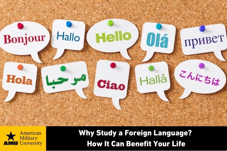 why-study-a-foreign-language the word hello in different languages displayed in speech clouds